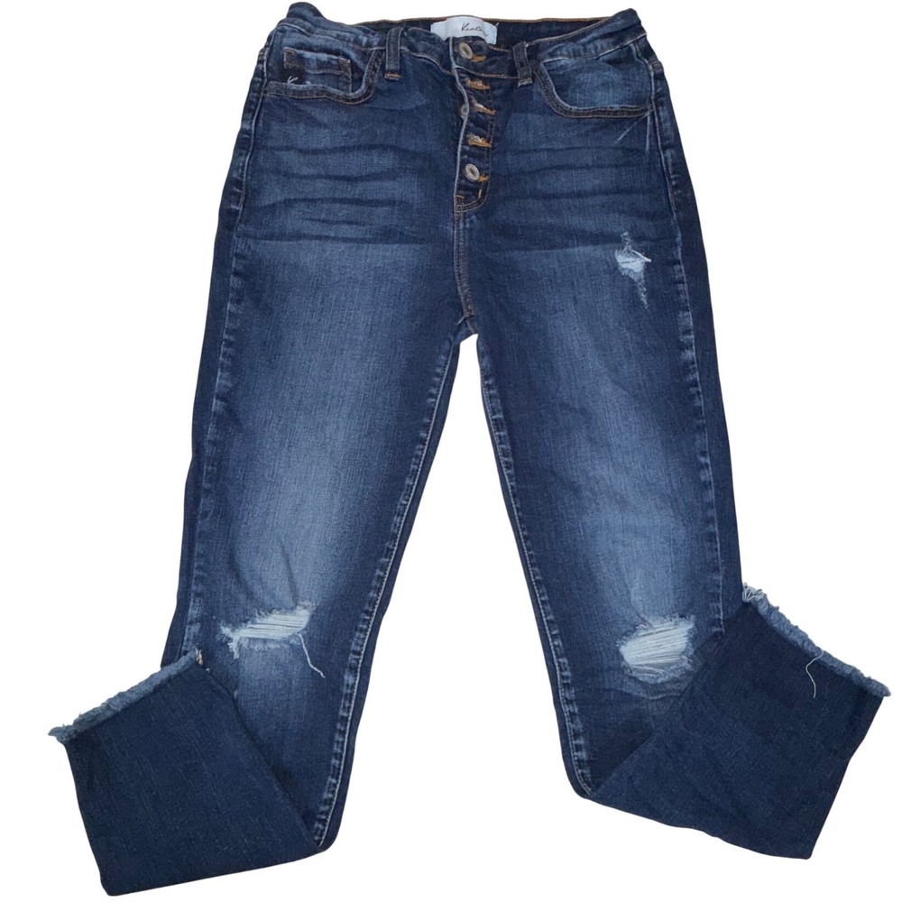 KanCan KC8423D High Rise Distressed Skinny Jeans Women 7/27 Dark Wash Raw Hem